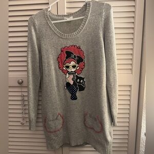 Cache gray long-sleeved sweater large appliqué black cat-shaped pockets XL GUC